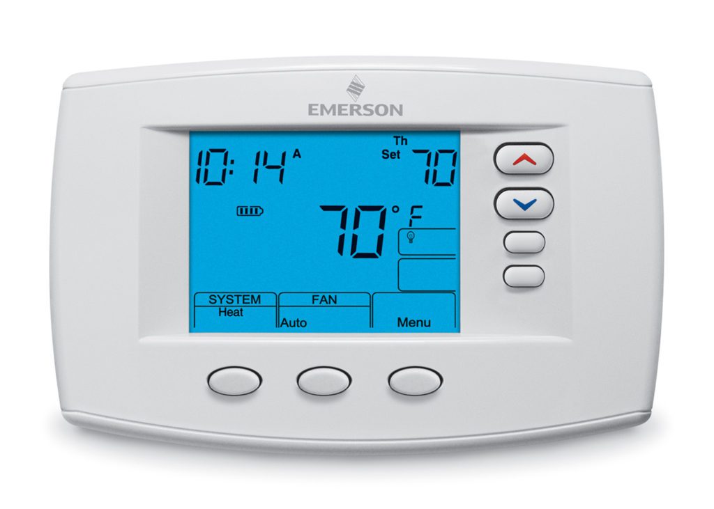 A digital thermostat with blue screen and white trim.