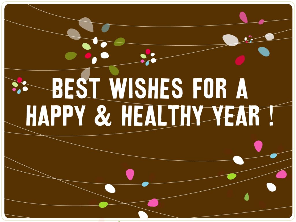 A brown background with colorful string lights and the words best wishes for a happy & healthy year.