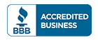 A blue and white logo for accredited business